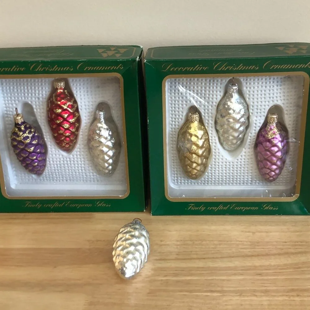 Christmas Glass Glitter Pinecone Ornaments Set of 7 Sears Roebuck Co. 1980